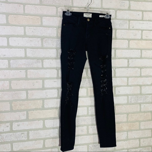 Frame Le Skinny de Jeanne Ripped Distressed Jeans in Film Noir Wash Size 24 - Picture 6 of 13